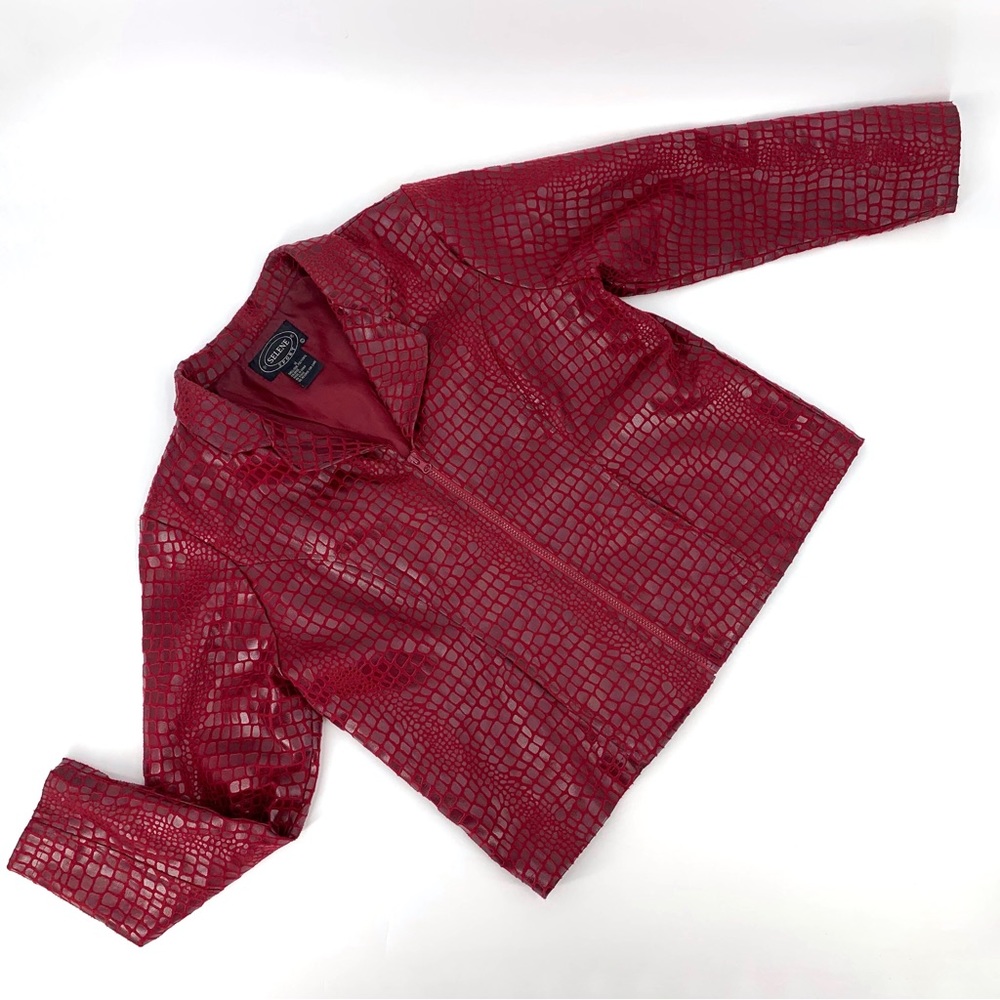Selene Sport Red Embossed Animal Print Zipper Front Vinyl Jacket, 14